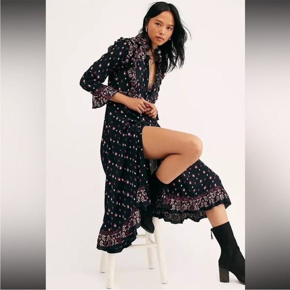 ANTHROPOLOGIE FREE PEOPLE CALICO SKIES PRARIE RUFFLE MIDI DRESS SIZE LAR… - Picture 9 of 14